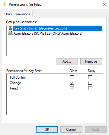 Screen capture depicting Share Permissions tab of Permissions for Files dialog box.