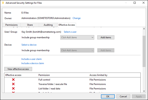 Screen capture depicting effective permissions of a user account in Advanced Security Settings window.