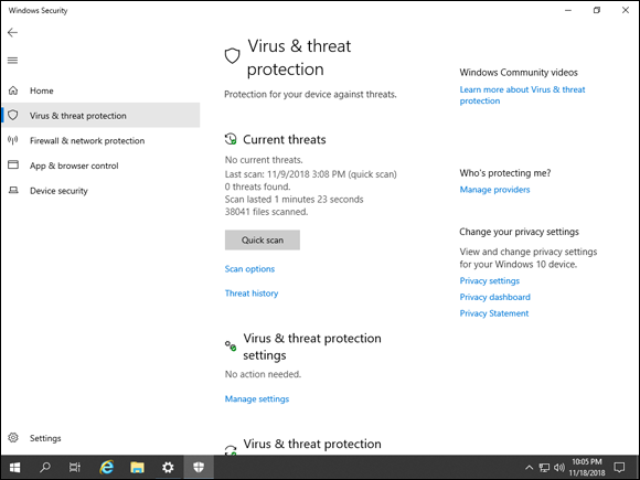 Screen capture depicting Windows Security screen with Virus & Threat Protection dashboard.