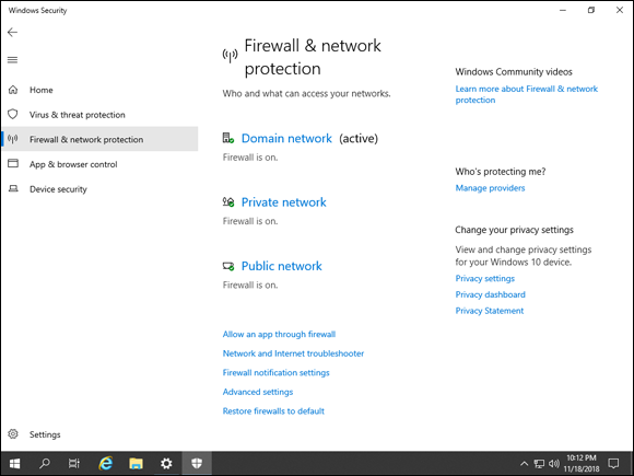 Screen capture depicting Windows Security screen with Firewall & Network Protection.