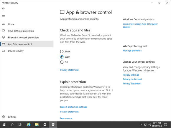 Screen capture depicting Windows Security screen with App & Browser Control.