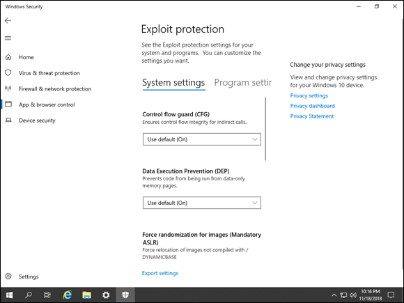 Screen capture depicting Windows Security screen with Exploit Protection.