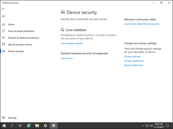 Screen capture depicting Windows Security screen with  Hypervisor Control Integrity in Device Security.