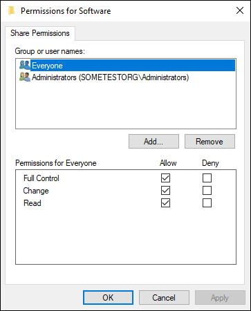 Screen capture depicting Permissions for software dialog box with Everyone selected.