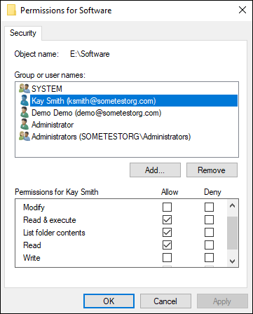 Screen capture depicting Permissions for software dialog box with  NTFS permissions set.