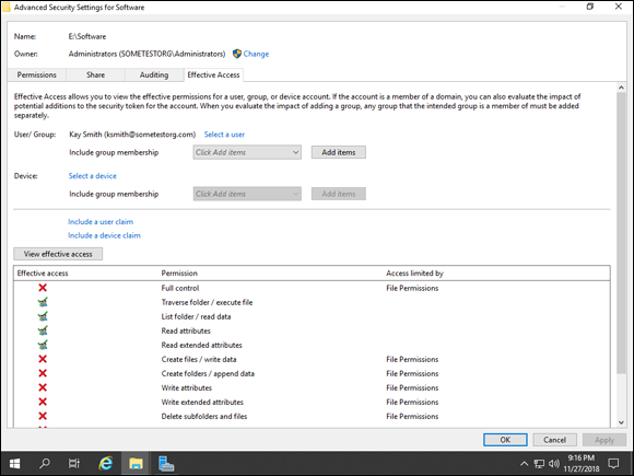 Screen capture depicting Advanced Security Settings window with Effective Access tab.