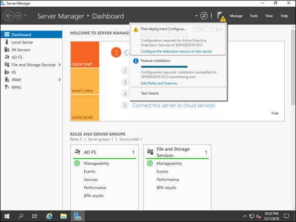 Screen capture depicting Server Manager with Configure the Federation Service on This Server option.