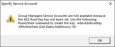 Screen capture depicting Specify Service Account dialog box.