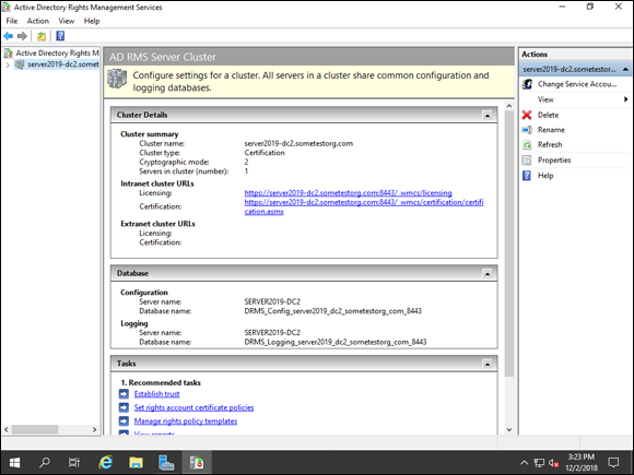 Screen capture depicting Active Directory Rights Management Services window with AD RMS screen.