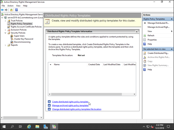 Screen capture depicting Active Directory Rights Management Services window with Distributed Rights Policy Template.