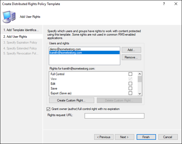 Screen capture depicting Create Distributed Rights Policy Template window with Add User Rights screen.