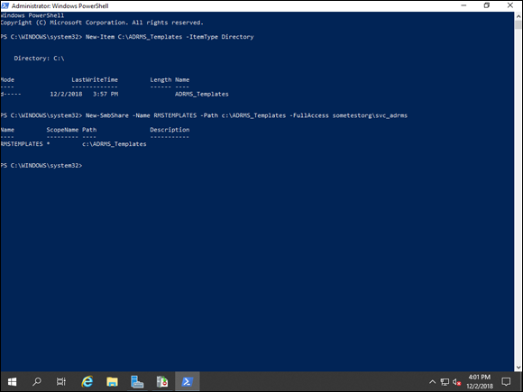 Screen capture depicting Windows PowerShell folder creation code.