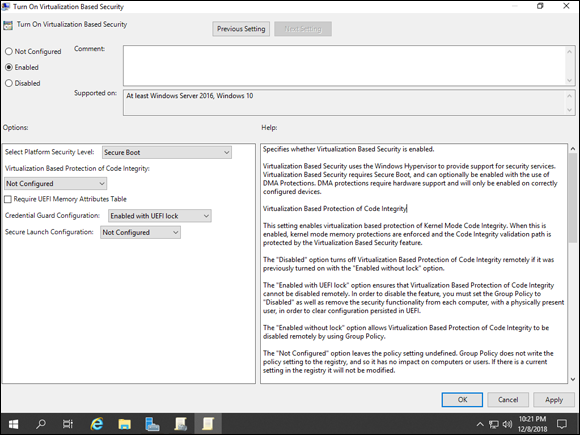 Screen capture depicting Turn On Virtualization Based Security screen with Credential Guard Configuration box.