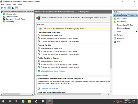 Screen capture depicting Windows Defender Firewall with Advanced Security with Windows Defender Firewall screen.