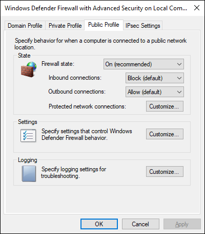 Screen capture depicting Windows Defender Firewall
with Advanced Security Profiles screen with Public Profile tab.