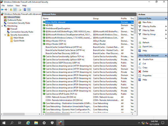 Screen capture depicting Windows Defender Firewall with Advanced Security with InBound Rules selected and Allow MySQL Inbound option.