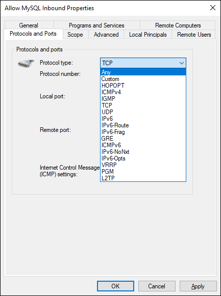 Screen capture depicting Allow MySQL Inbound Properties dialog box with Protocols and Ports tab.