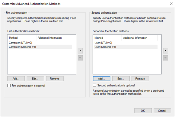 Screen capture depicting Customize Authentication Method screen with Kerberosv5 as a secondary authentication option.