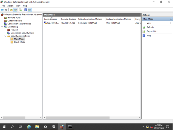 Screen capture depicting Windows Defender Firewall with Advanced Security with Main Mode folder.