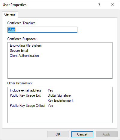 Screen capture depicting User Properties dialog box with User certificate template.