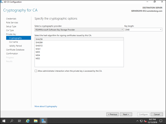 Screen capture depicting Cryptography for CA screen with Cryptography option.