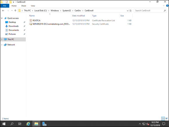 Screen capture depicting CertEnroll folder in C:\Windows\System32\CertSrv\CertEnroll.