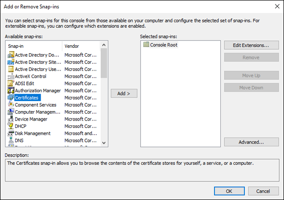 Screen capture depicting Add/Remove Snap-in screen with Certificates and Add option.