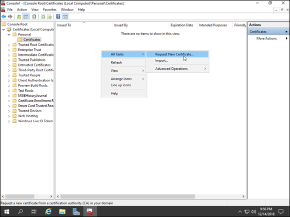 Screen capture depicting Console1 with All Tasks and then Request New Certificate drop-down menu.