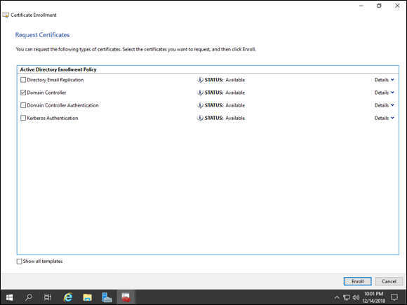 Screen capture depicting Domain Controller selected with Certificate Enrollment Policy screen.