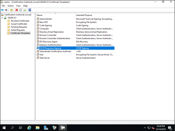 Screen capture depicting OCSP Response Signing template listed in Certificate Templates of certserv screen.