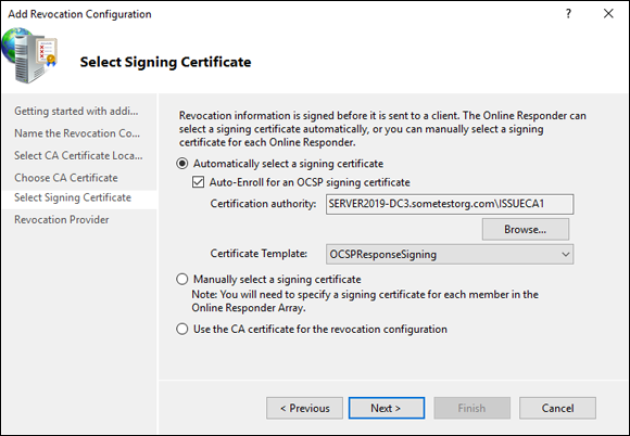 Screen capture depicting Add Revocation Configuration Wizard with OCSP Revocation Configuration.