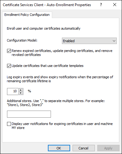 Screen capture depicting Certificate Services Client Auto-Enrollment screen.