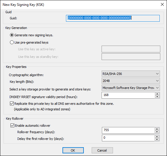 Screen capture depicting Key Signing Key screen with defaults.