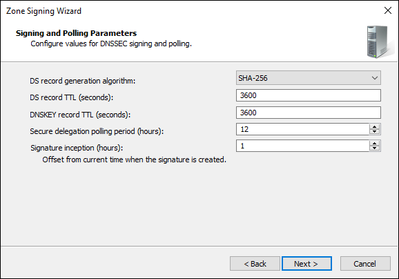 Screen capture depicting Signing and Polling Parameters screen in Zone Signing Wizard.