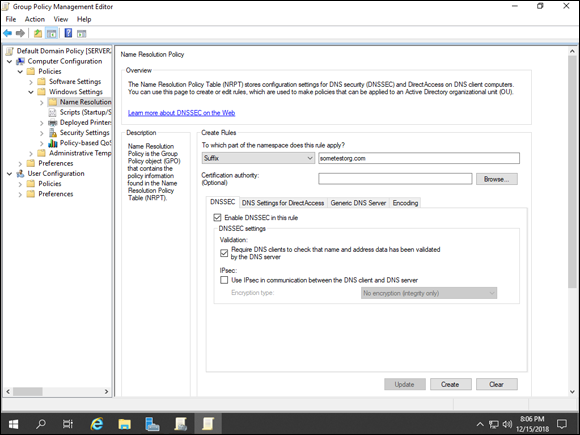 Screen capture depicting Group Policy Management Editor with Name Resolution Policy.