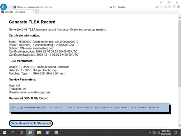 Screen capture depicting https://www.huque.com/bin/gen_tlsa screen with TLSA record on the server.