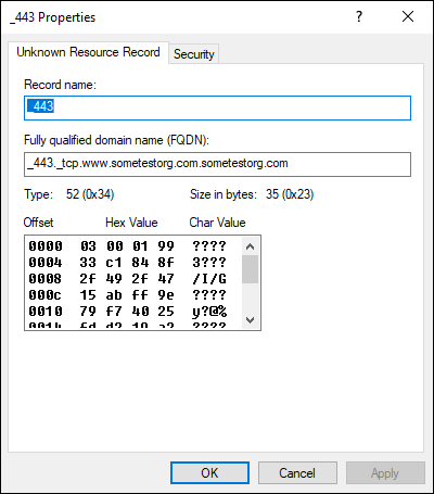 Screen capture depicting _443 Properties dialog box with TLSA record.