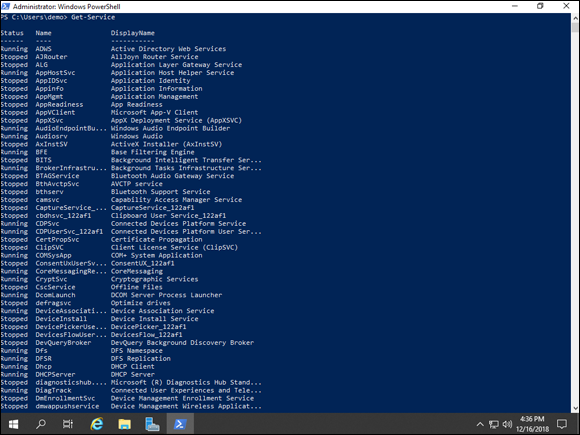 Screen capture depicting Get-Service command in PowerShell.