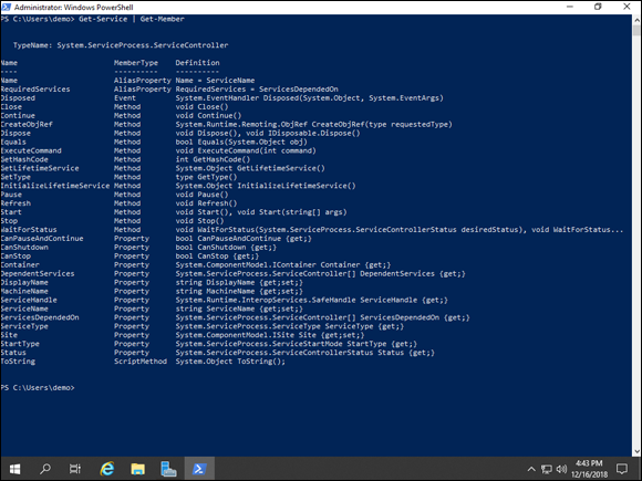 Screen capture depicting Get-Service and Get-Member command in PowerShell.