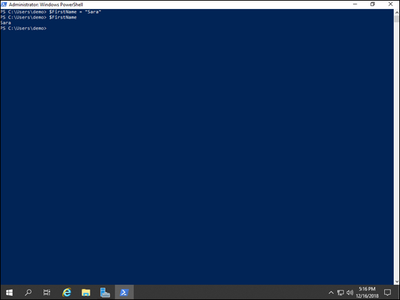 Screen capture depicting FirstName to my first name Sara variable in PowerShell.