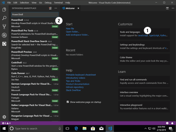 Screen capture depicting Visual Studio Code Setup Wizard screen with PowerShell Tools and Languages.