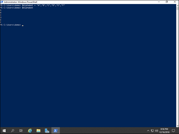 Screen capture depicting command $Alphabet output in PowerShell.