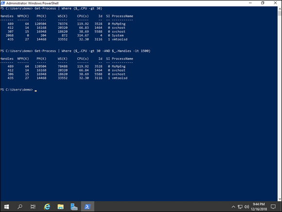 Screen capture depicting Get-Process command output in PowerShell.