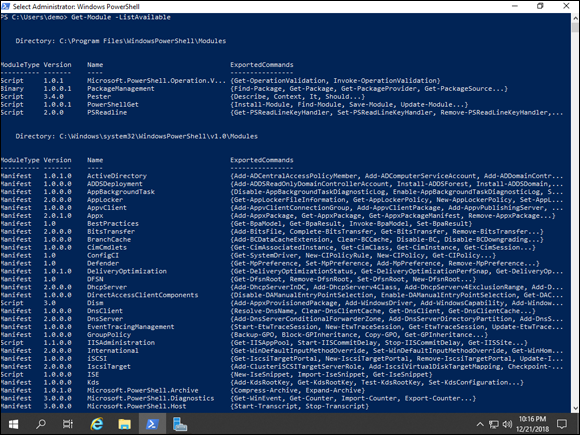 Screen capture depicting Get-Module -ListAvailable command output in PowerShell.