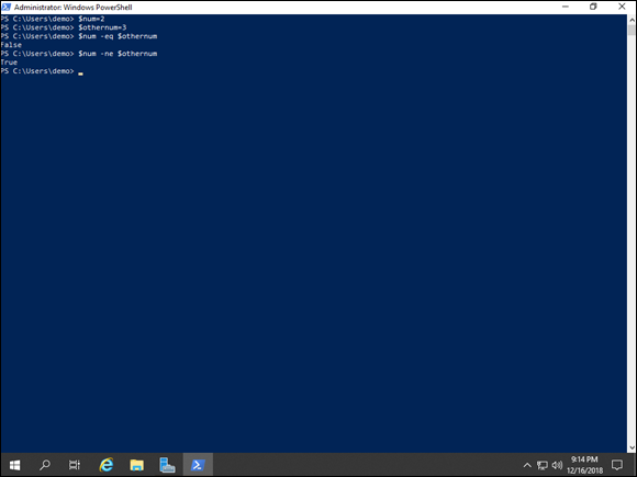 Screen capture depicting $num -ne $othernum command output in PowerShell.