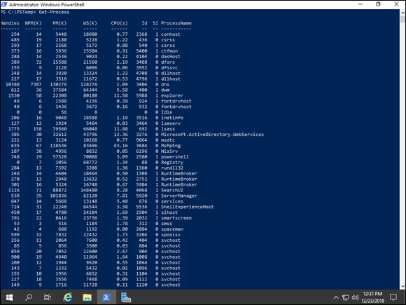 Screen capture Get-Process command output in PowerShell.