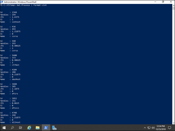 Screen capture Get-Process | Format-List command output in PowerShell.