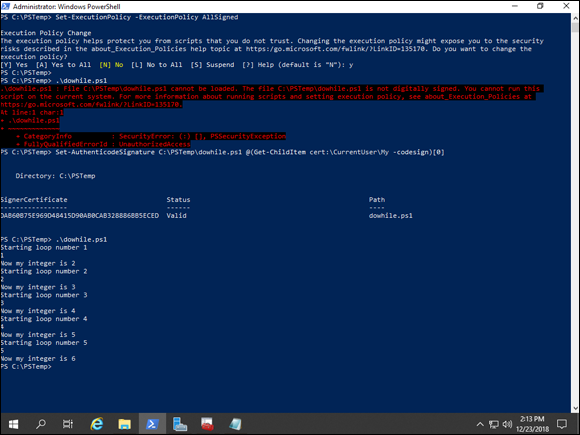 Screen capture Do While script command highlighted and output in PowerShell.