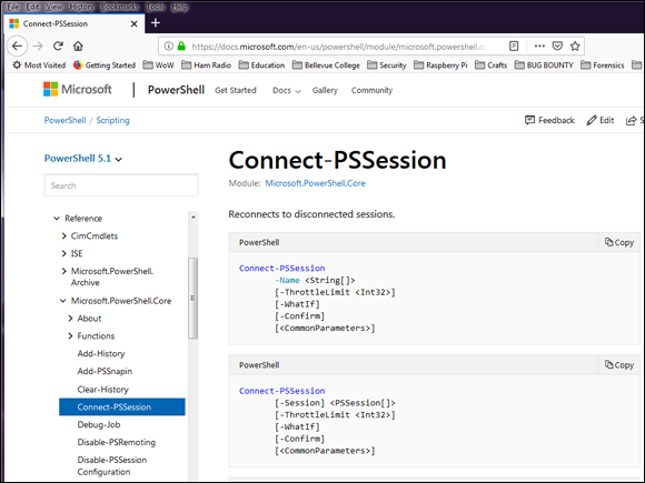 Screen capture depicting Connect-PSSession page.