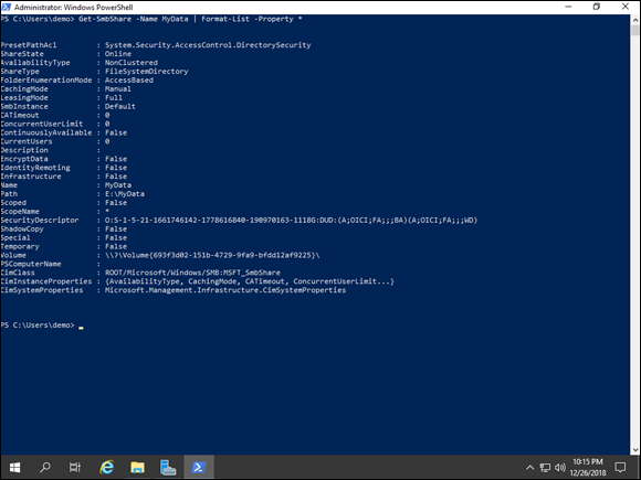 Screen capture depicting Get-SmbShare -Name "MyData" command output in PowerShell.